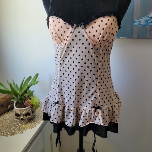 Forever 21 Pink Polka Dot Fringe Bustier Garter Lingerie Top Size M - Picture 1 of 11